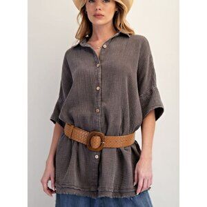 #0837 Easel NWT Ash Washed Cotton Gauze Button Up Oversized Shirt Sz Small-Large
